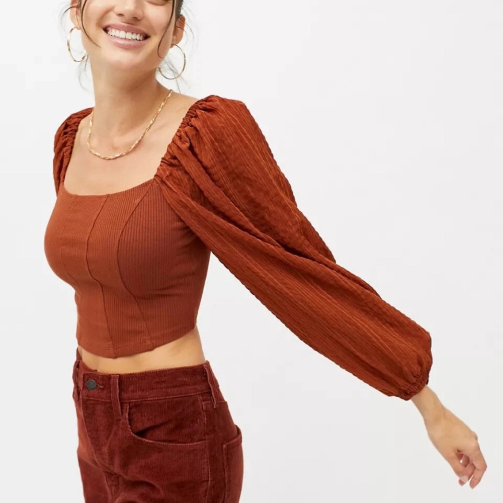 Urban Outfitters Terracotta Puff Sleeve Crop Top Small Square Neck